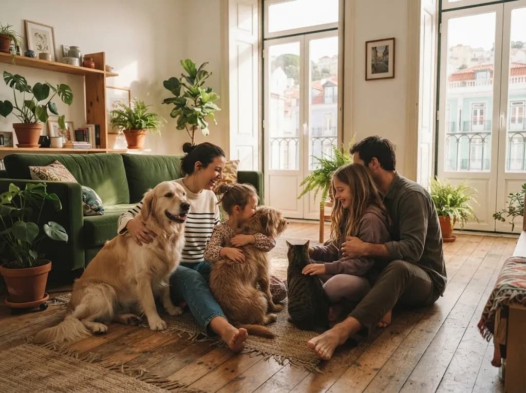 Uma família sentada no chão da sala com dois cães e um gato