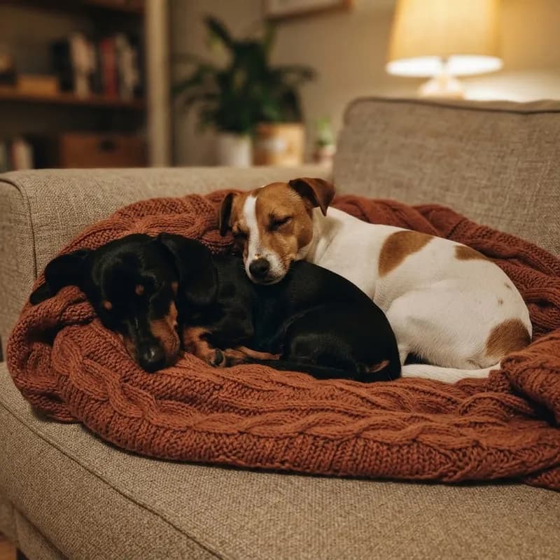 Dois cães pequenos enroscados numa manta