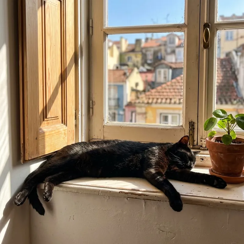 Um gato esticado num parapeito ao sol