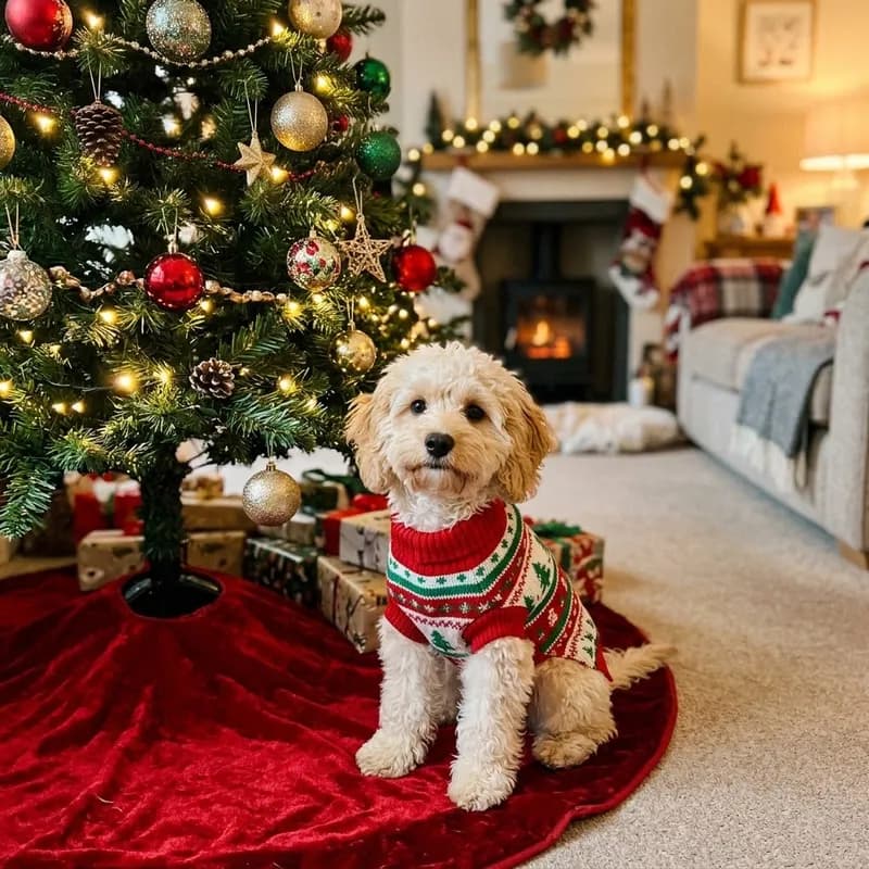 Um cão de camisola de Natal junto à árvore enfeitada