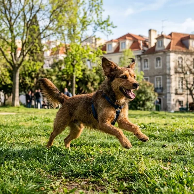 Um cão a correr na relva de um jardim de Lisboa