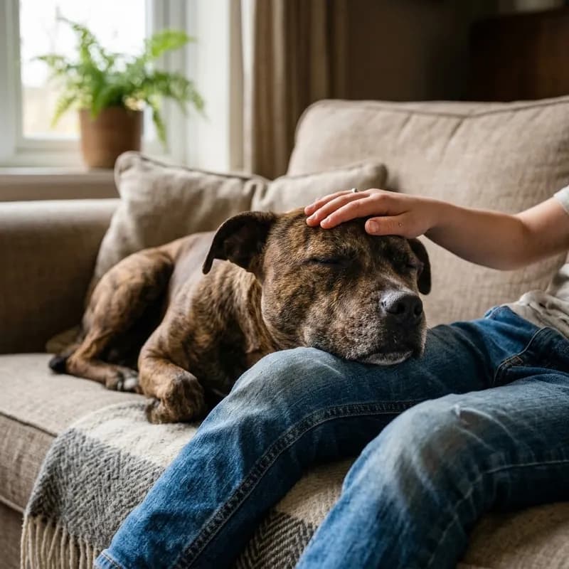 A cabeça de um cão pousada no joelho de uma criança