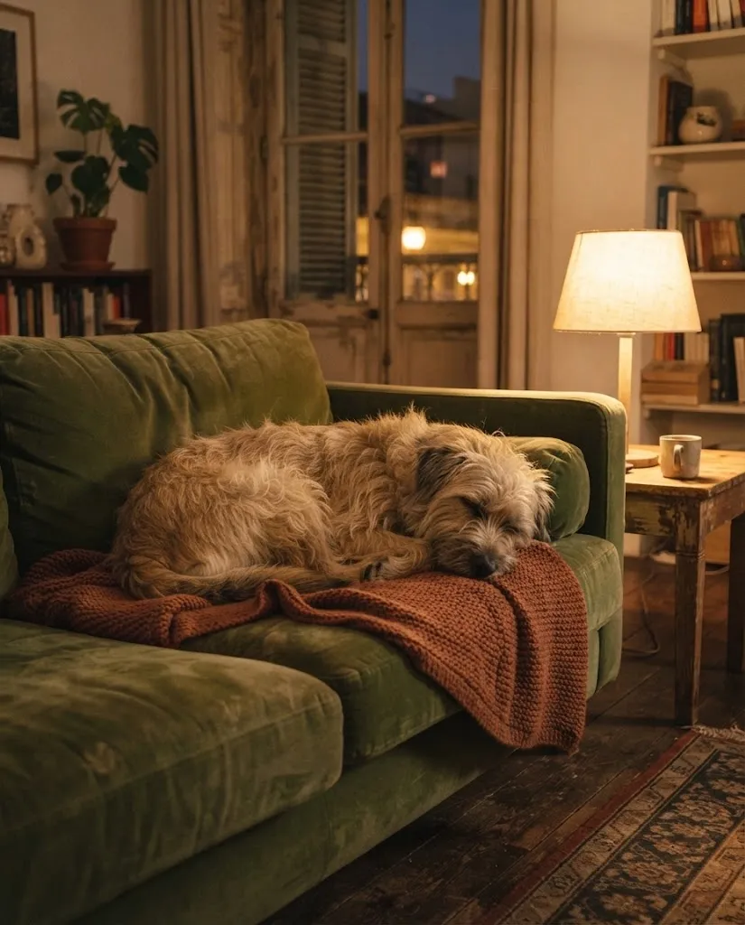 Um cão a dormir num sofá numa sala de Lisboa