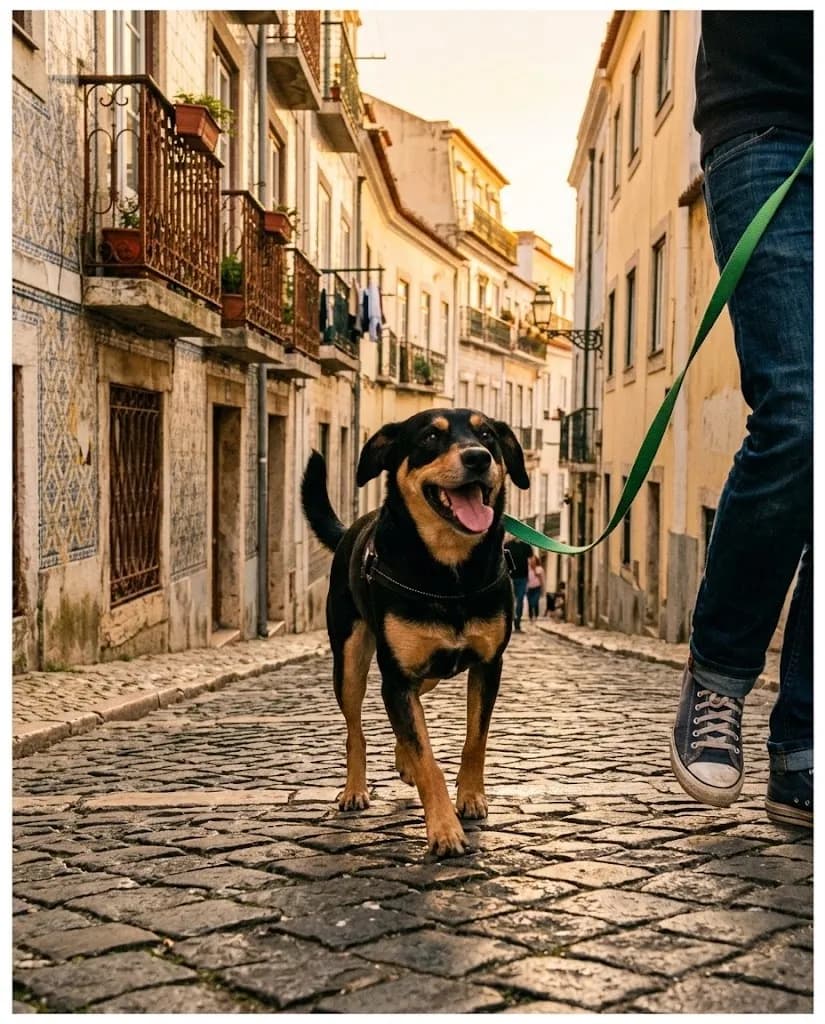Um cão de trela numa rua de Lisboa ao fim da tarde