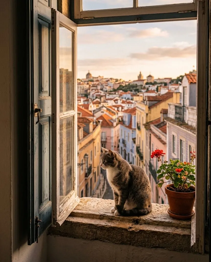 Um gato no parapeito ao sol, com os telhados de Lisboa ao fundo