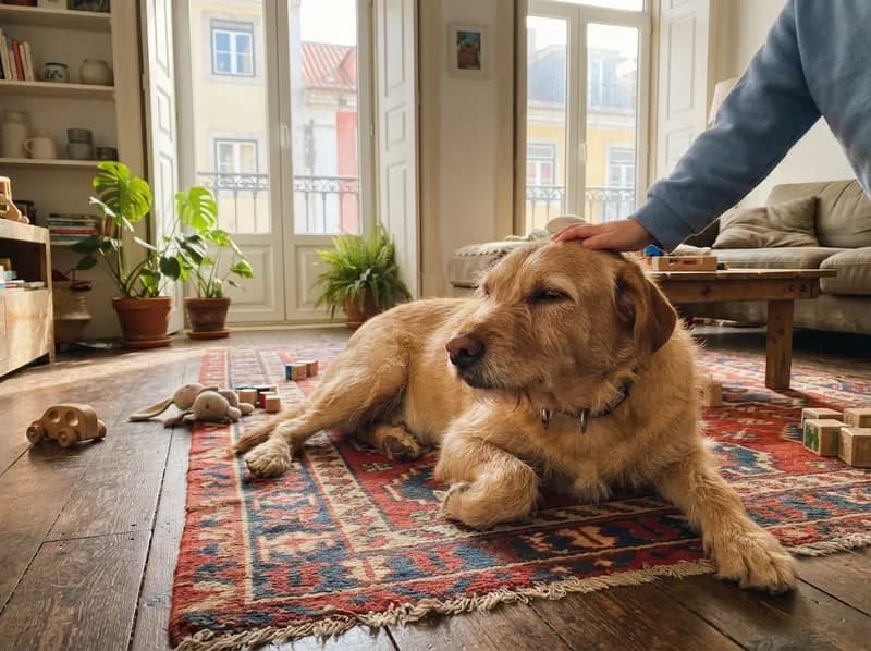 Um cão deitado num tapete de sala, com a mão de uma criança a fazer-lhe festas